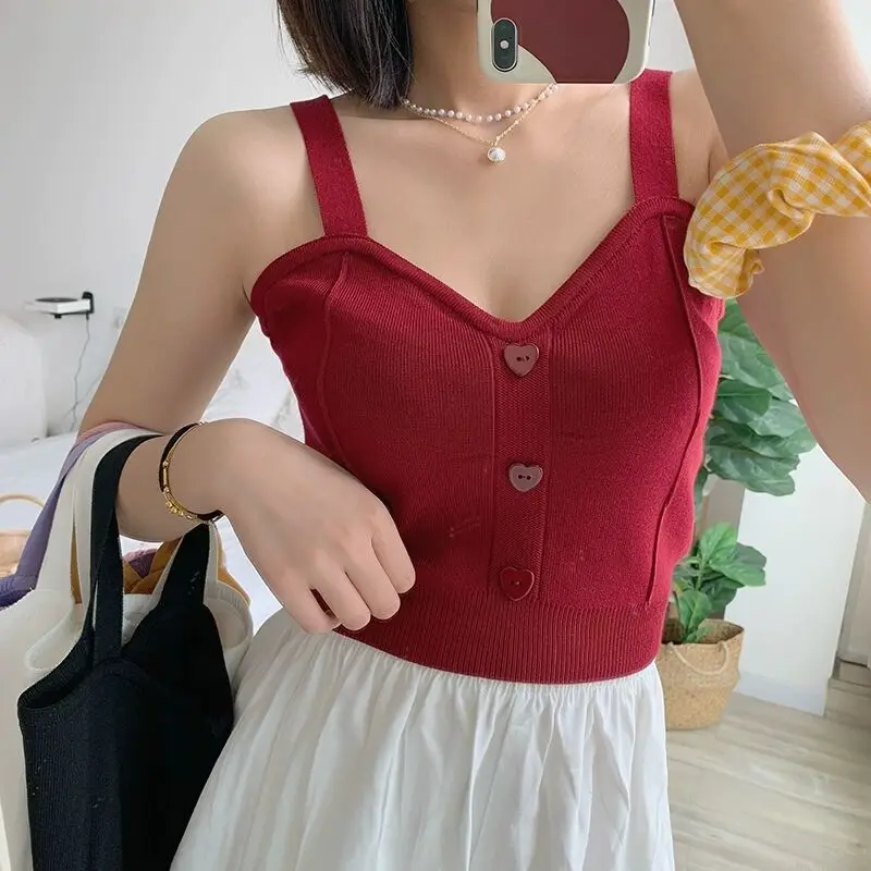 Y2K knitted crop top for women with button-up front, V-neck, sleeveless straps, ribbed texture; trendy summer streetwear for teens and young women