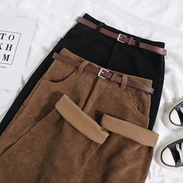 Women Spring Corduroy Pants High Waist Autumn Vintage Korean Casual Wide Leg Pants Elegant Belt Loose Cotton Streetwear 1