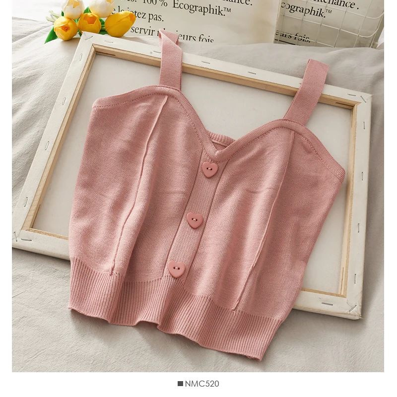 Y2K knitted crop top for women with button-up front, V-neck, sleeveless straps, ribbed texture; trendy summer streetwear for teens and young women