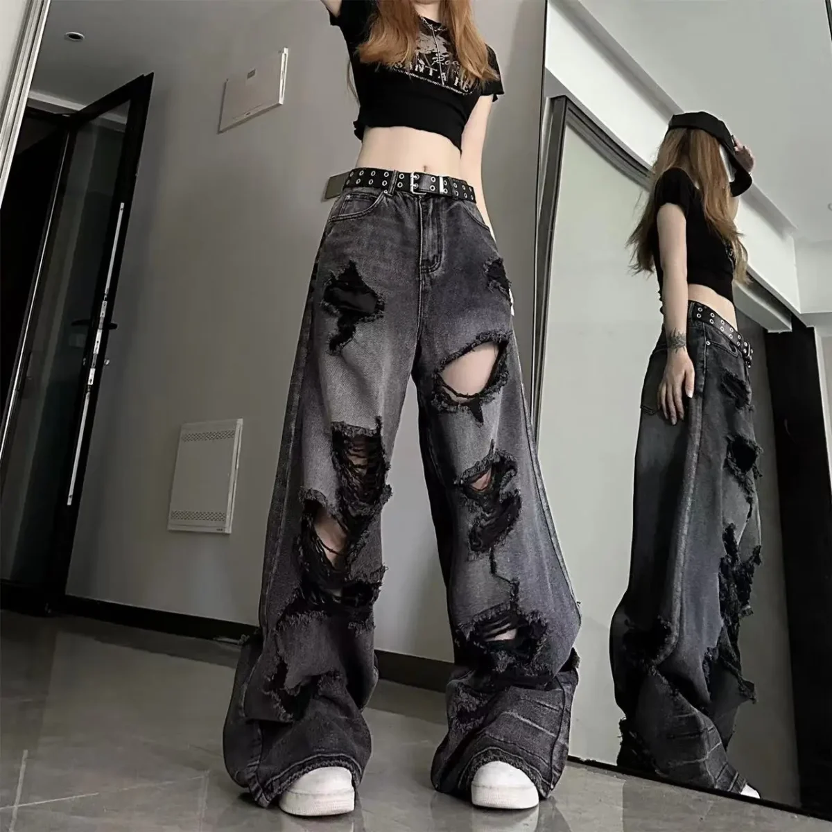 Vintage High Waist Denim Pants Ripped Jeans Women Fashion Loose Wide Leg Straight Pants Y2k Washed Streetwear Female 1