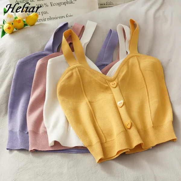 Heliar Women Knitted Crop Tops Y2K Cute Button Up V-Neck Sleeveless Straps Tops Sexy Crop Tops For Women 2024 Summer 1