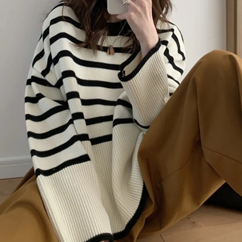 HELIAR Women Striped Loose Warm Sweater O-Neck Long Sleeve Knitted Pullovers Casual Sweater For Women 2024 Autumn Top 1