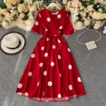 YuooMuoo Chic Fashion Polka Dot Print Women Dress 2023 New Summer Elegant Vintage Bandage Slim Waist Big Swing Long Party Dress 1
