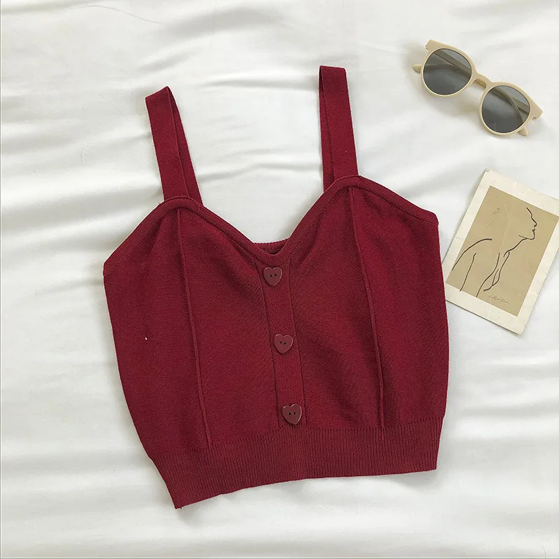 Y2K knitted crop top for women with button-up front, V-neck, sleeveless straps, ribbed texture; trendy summer streetwear for teens and young women