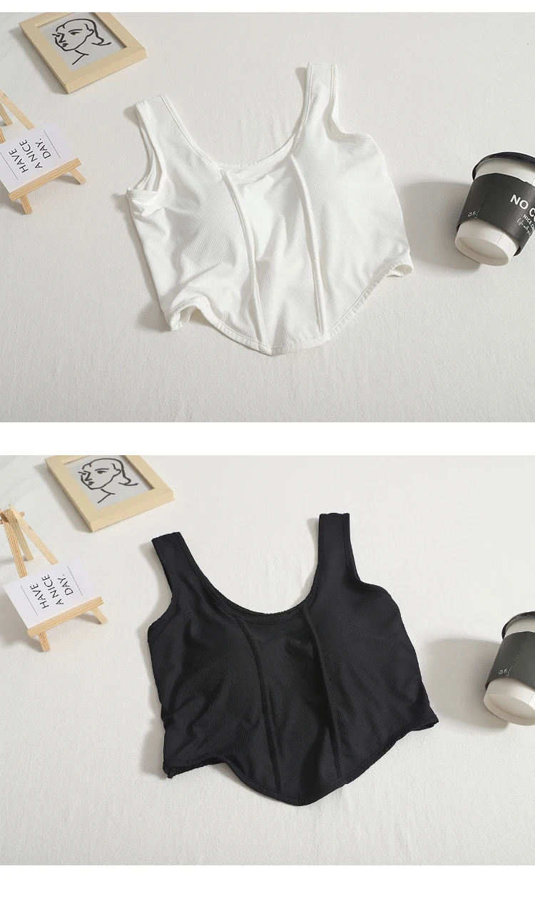 Y2K sports crop top for women with built-in bra pad, cotton knit fabric, sleeveless camis style, irregular hem; ideal for summer workouts and streetwear