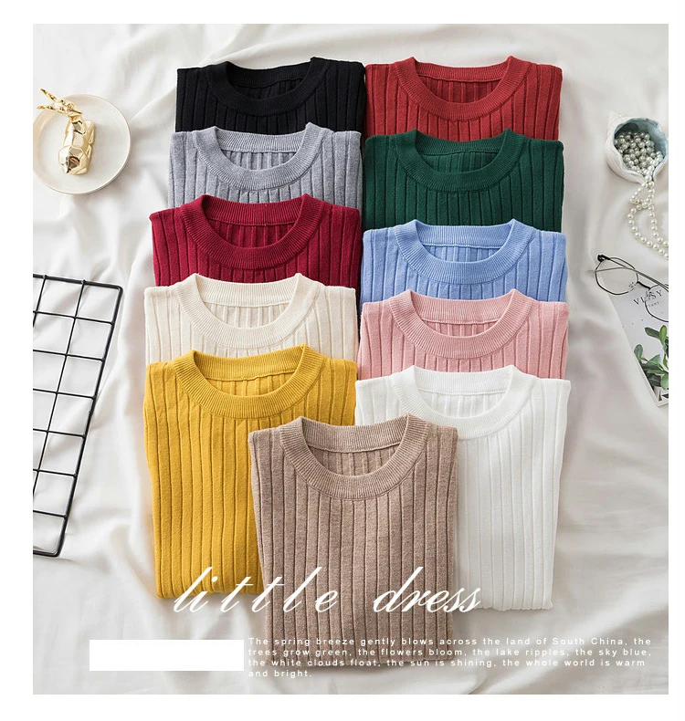 Women’s slim-fit knit sweater in solid color with long sleeves and O-neck, featuring Korean-style design—ideal for autumn and winter casual wear