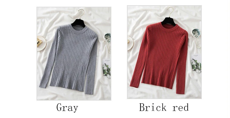 Women’s slim-fit knit sweater in solid color with long sleeves and O-neck, featuring Korean-style design—ideal for autumn and winter casual wear