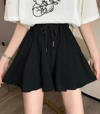MEXZT 5Xl Summer Shorts Skirts Women Elastic High Waist Casual Wide Leg Shorts Korean A Line Loose Mini Skirt Black Short Pants 1