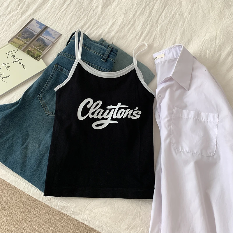 Y2K letter print crop top for women featuring slim fit, sleeveless design, patchwork detail, soft fabric; ideal for summer streetwear and casual wear