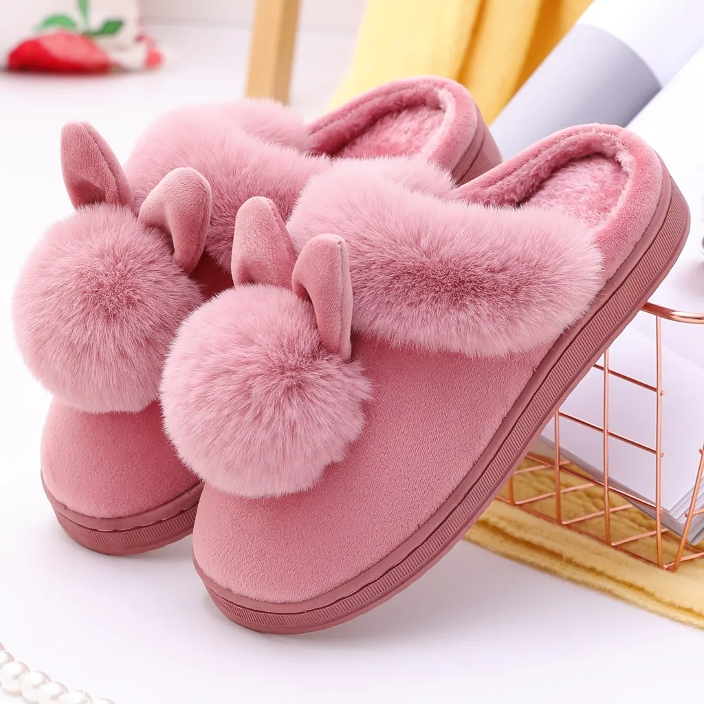 Winter Warm Home Fur Slippers Womens Indoor Home Rabbit Shoe Furry Ears Footwear Indoor Bedroom Flat Heels Fluffy Slippers Shoes 1
