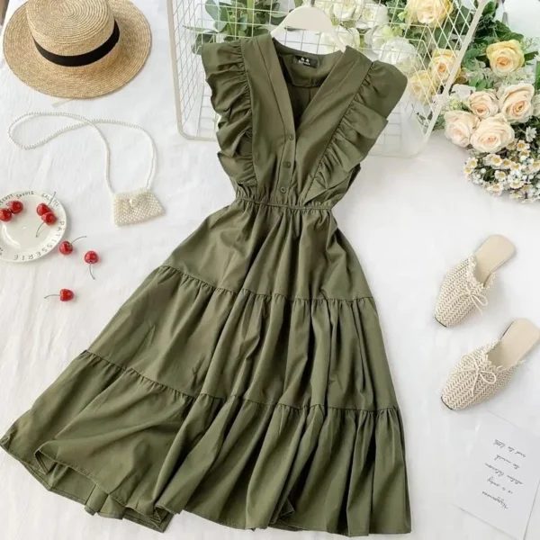 Zoki Elegant Women Midi Dress Fashion Summer Button A Line Sleeveless Ruffles Button High Waist Female Beach Vestidos New 4