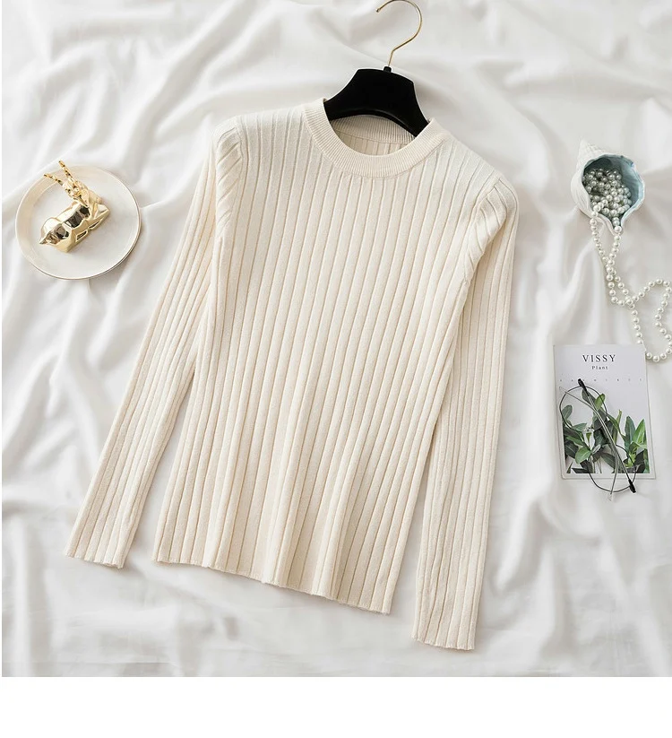 Women’s slim-fit knit sweater in solid color with long sleeves and O-neck, featuring Korean-style design—ideal for autumn and winter casual wear