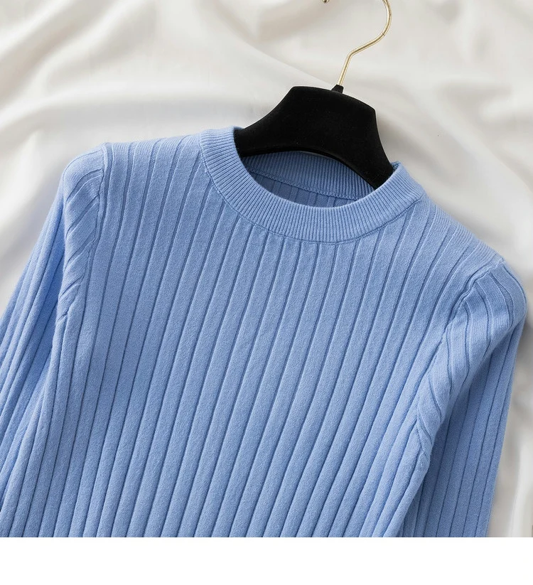 Women’s slim-fit knit sweater in solid color with long sleeves and O-neck, featuring Korean-style design—ideal for autumn and winter casual wear