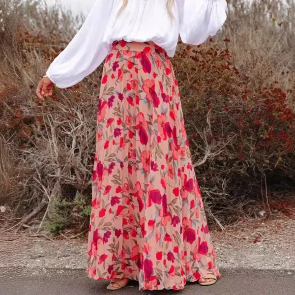 Elegant Floral Print Long Skirts For Women 2024 Summer Casual Women's Chiffon Loose Maxi Skirt Female Vacation A-Line Skirt 1