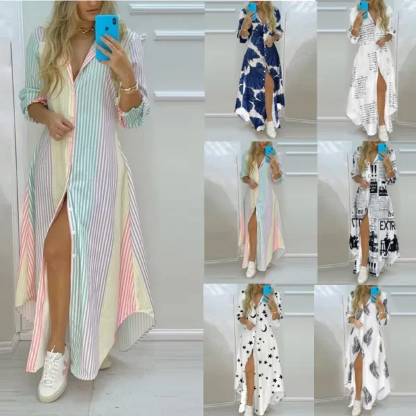 Women Boho Printed Long Shirts Dress Summer Turn-down Collar Long Sleeve Party Dress Female Casual Evening Maxi Dresses Vestidos 1