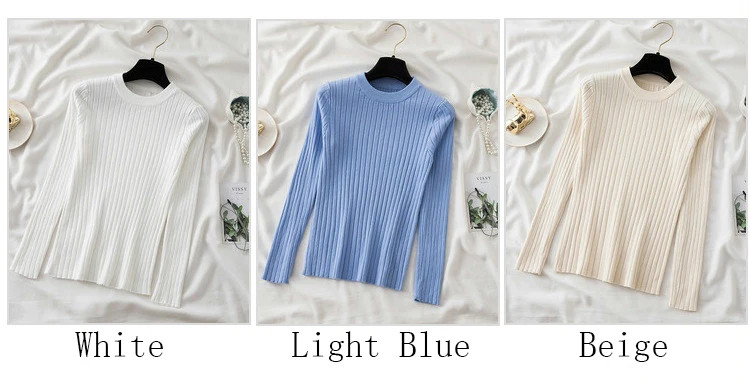 Women’s slim-fit knit sweater in solid color with long sleeves and O-neck, featuring Korean-style design—ideal for autumn and winter casual wear