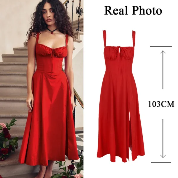 suninheart Elegant  A Line Midi Dress Sexy Spaghetti Strap Lace Up Red Holiday Party Dresses Split Summer Dresses Women 2023 12