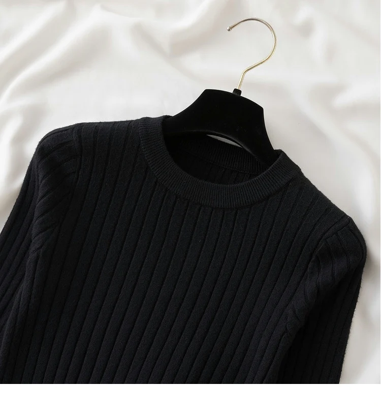 Women’s slim-fit knit sweater in solid color with long sleeves and O-neck, featuring Korean-style design—ideal for autumn and winter casual wear