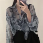 Vintage Shirt Women Harajuku Tie Dye Print Korean Loose Casual Chiffon Blouse Autumn Holiday Transparent Gothic Hippie Top 1