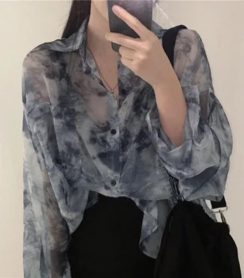 Vintage Shirt Women Harajuku Tie Dye Print Korean Loose Casual Chiffon Blouse Autumn Holiday Transparent Gothic Hippie Top 1
