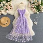 YuooMuoo Romantic Floral Print Straps Long Dress Women Basic Elastic High Waist Mesh Beach Dress Vacation Sundress Vestidos 1