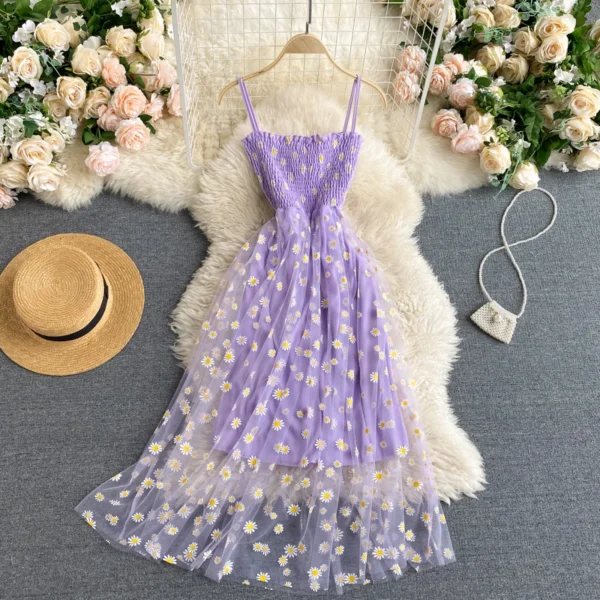 YuooMuoo Romantic Floral Print Straps Long Dress Women Basic Elastic High Waist Mesh Beach Dress Vacation Sundress Vestidos 1