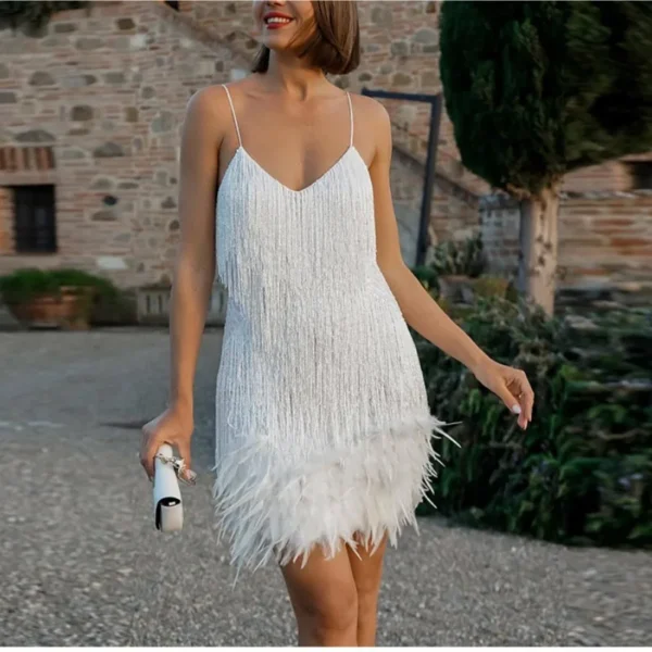 2023 New Sexy Tassel Sequins Feather Mini Dress Women Spaghetti Strap Stitching Dresses Female Elegant Evening Party Club Dress 15