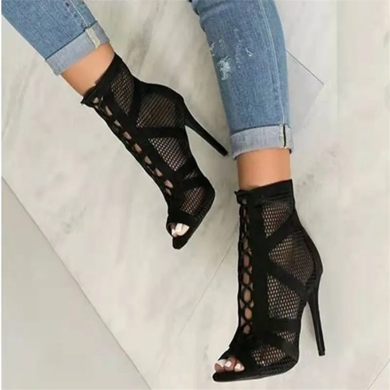 New Fashion Show Black Net Fabric Cross Strap Sexy High Heel Sandals Woman Shoes Pumps Lace-up Peep Toe Sandals Casual Mesh 5