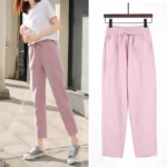 Womens Spring Summer Pants Cotton Linen Solid Elastic waist Candy Colors Harem Trousers Casual Female Pants 1