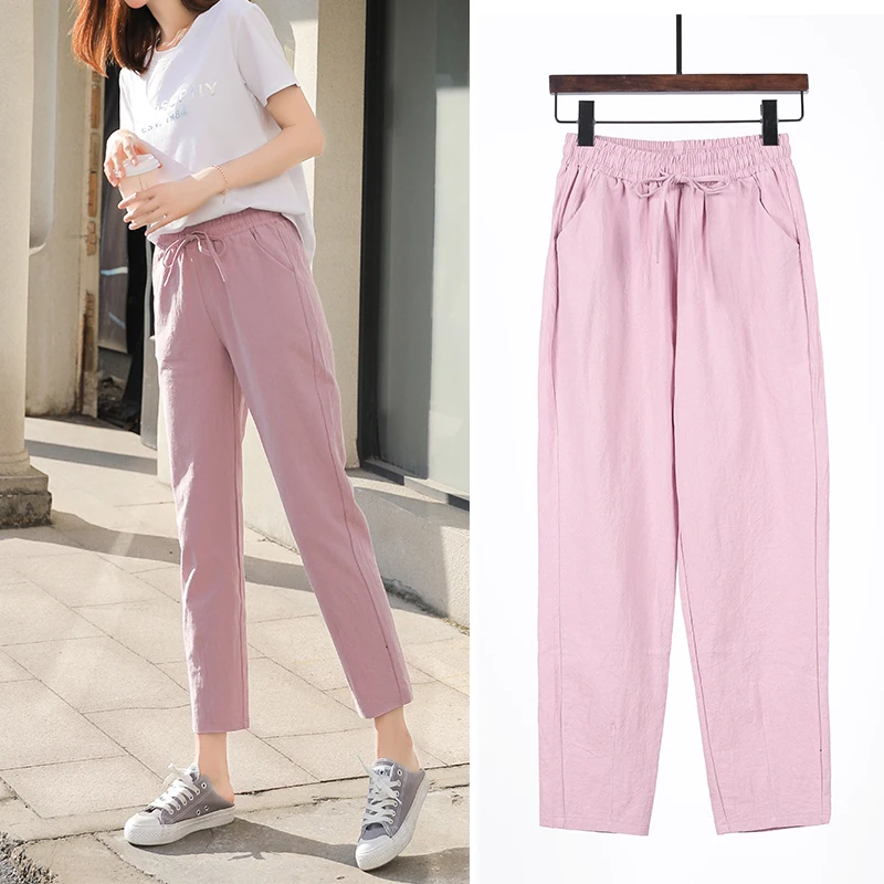 Womens Spring Summer Pants Cotton Linen Solid Elastic waist Candy Colors Harem Trousers Casual Female Pants 1