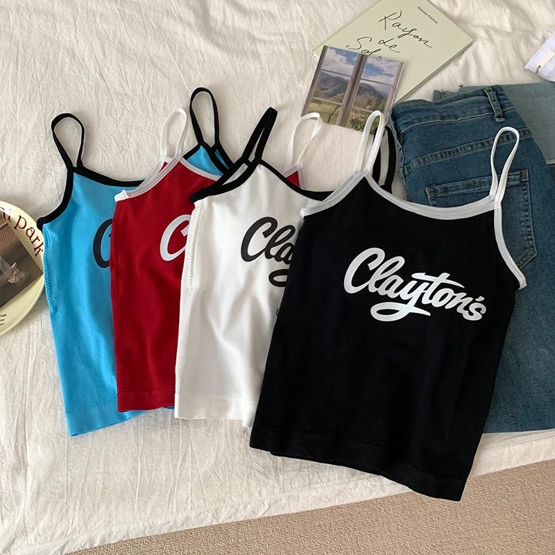 Y2K letter print crop top for women featuring slim fit, sleeveless design, patchwork detail, soft fabric; ideal for summer streetwear and casual wear