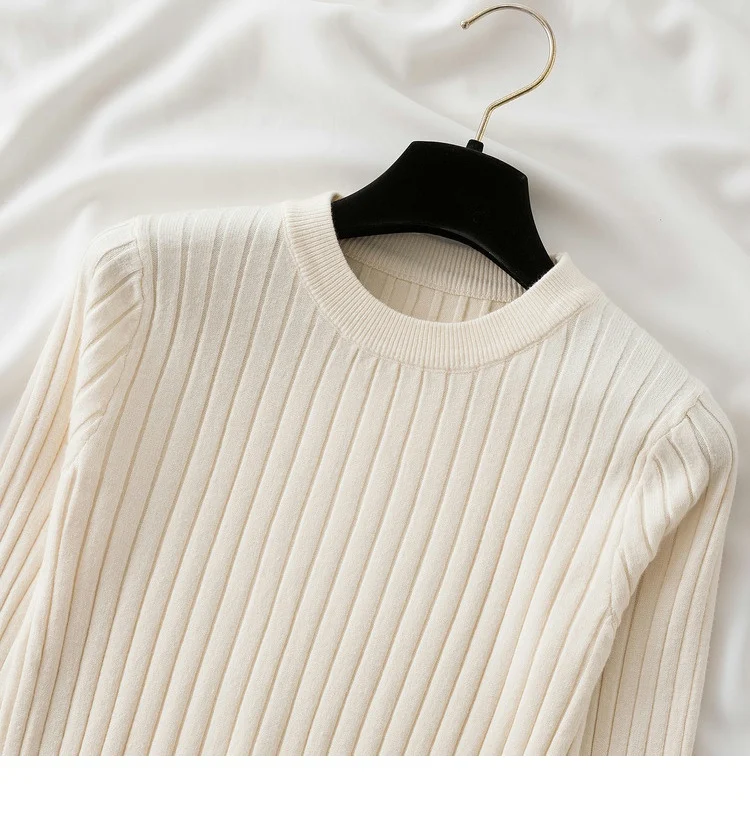 Women’s slim-fit knit sweater in solid color with long sleeves and O-neck, featuring Korean-style design—ideal for autumn and winter casual wear