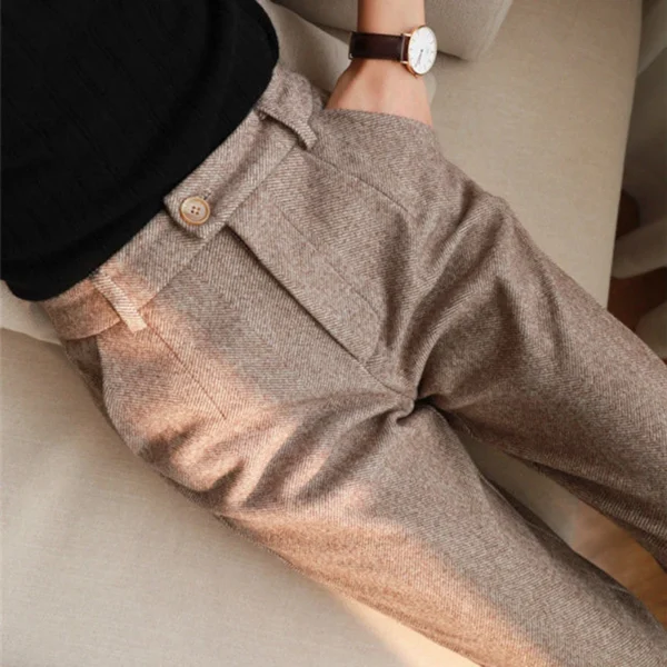 Woolen Pants Women Harem Pencil Pants Spring High Waist Pockets Suit Pants Office Lady Striped Zipper Trousers 1