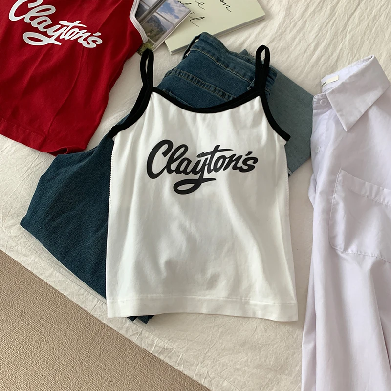 Y2K letter print crop top for women featuring slim fit, sleeveless design, patchwork detail, soft fabric; ideal for summer streetwear and casual wear