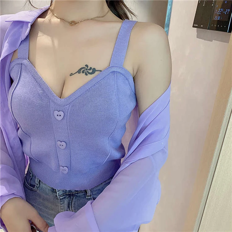 Y2K knitted crop top for women with button-up front, V-neck, sleeveless straps, ribbed texture; trendy summer streetwear for teens and young women