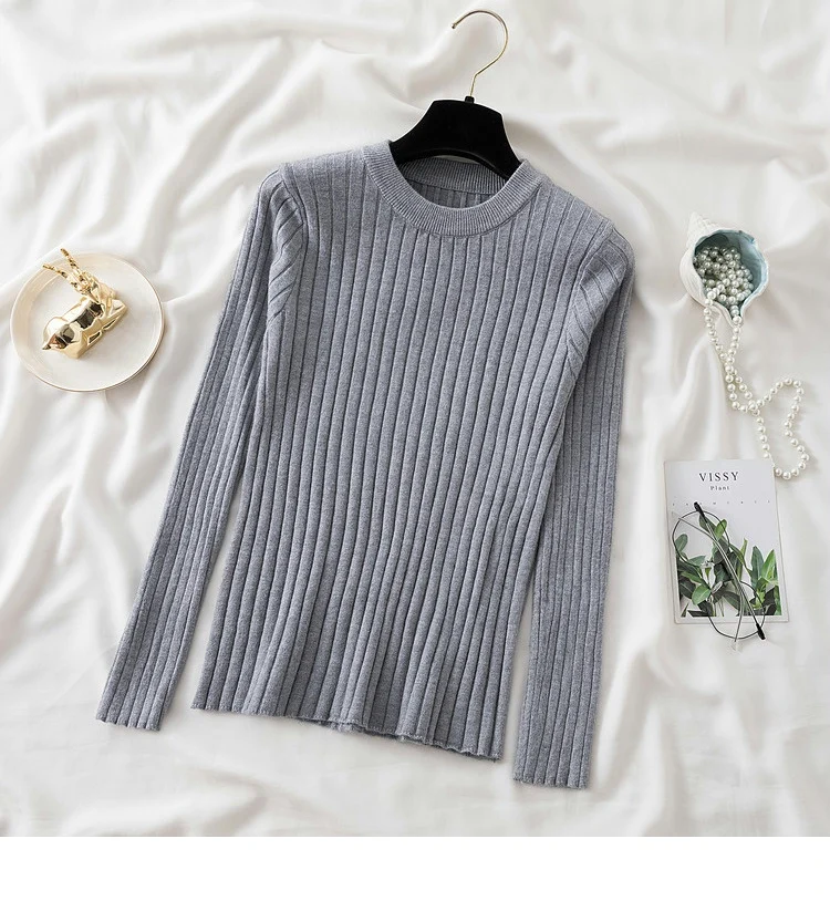 Women’s slim-fit knit sweater in solid color with long sleeves and O-neck, featuring Korean-style design—ideal for autumn and winter casual wear
