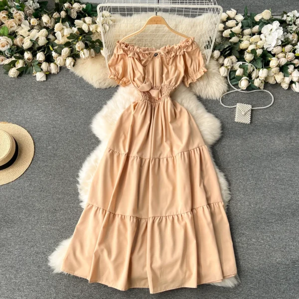 2024 New Summer Vacation Off Shoulders Slim Elastic Waist Long Dress Women Elegant Big Swing Maxi Beach Dress Party Robe Femme 14