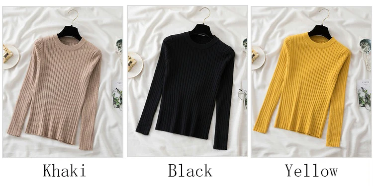 Women’s slim-fit knit sweater in solid color with long sleeves and O-neck, featuring Korean-style design—ideal for autumn and winter casual wear
