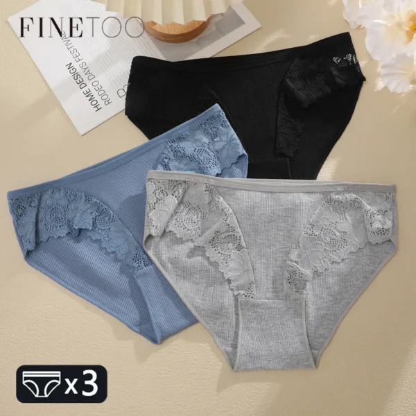 FINETOO 3Pcs/set Women Cotton Panties Sexy Low Waist Underpants Female Fashion Patchwork Lace Briefs Floral Soild Lingerie S-XL 1