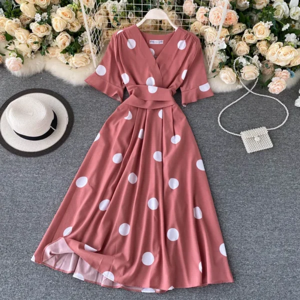 YuooMuoo Chic Fashion Polka Dot Print Women Dress 2023 New Summer Elegant Vintage Bandage Slim Waist Big Swing Long Party Dress 11