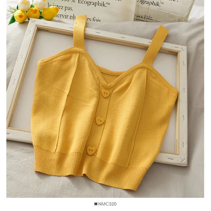 Y2K knitted crop top for women with button-up front, V-neck, sleeveless straps, ribbed texture; trendy summer streetwear for teens and young women
