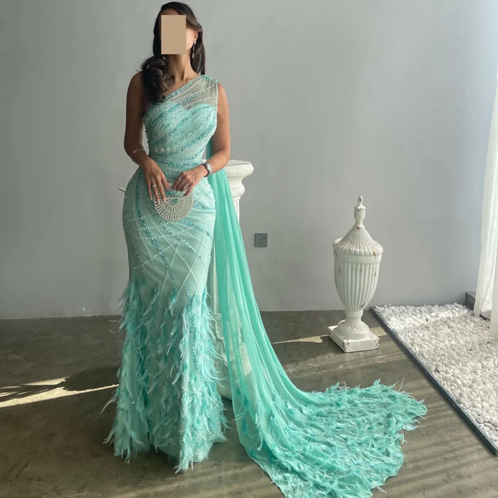 Sharon Said Luxury Feather Turquoise Aqua One Shoulder Evening Dresses with Cape Train Prom Wedding Party Gowns SS498 Customized 1