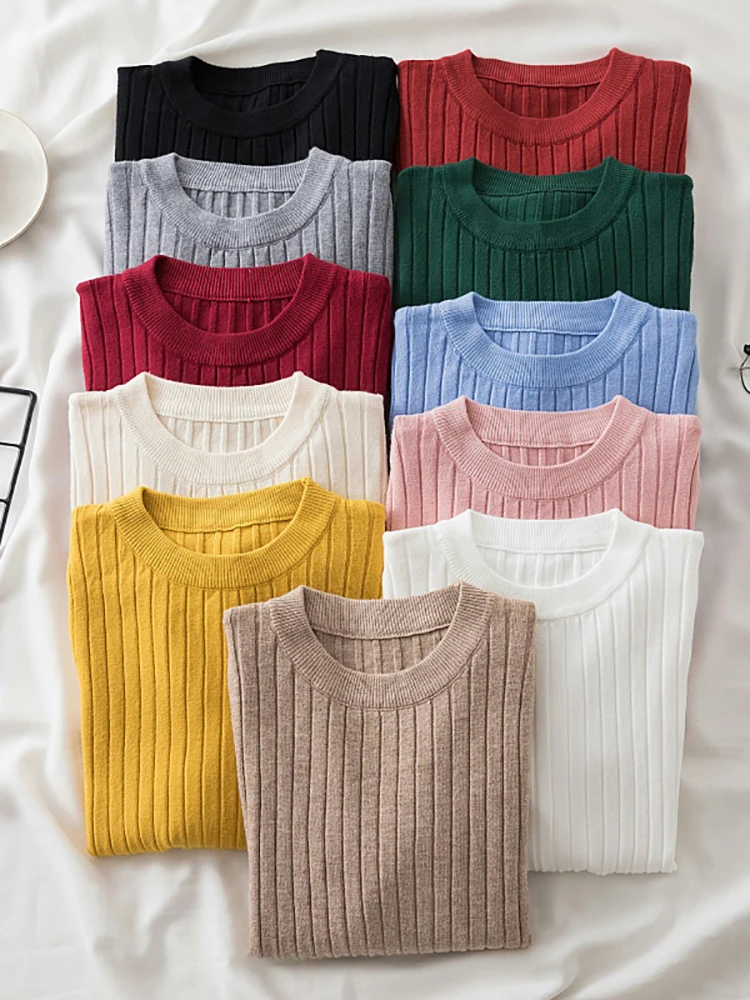 knit soft jumper tops 2024 New Autumn Winter Tops O-Neck Pullovers Sweaters shirt long sleeve Korean Slim-fit tight sweater 1