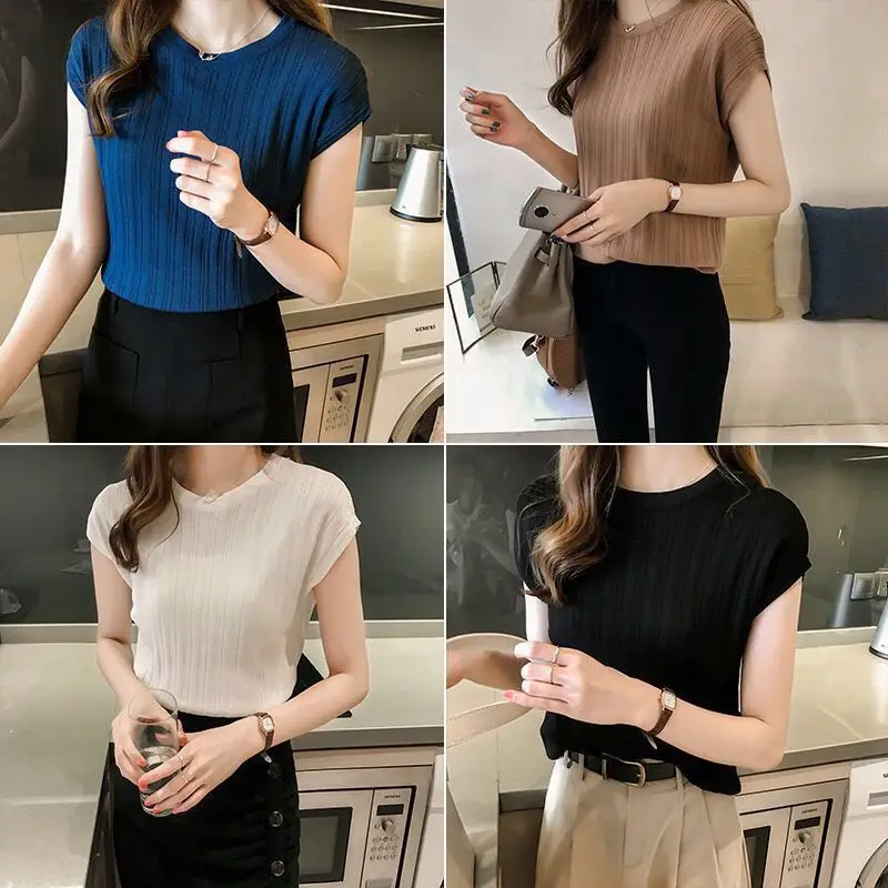 Women’s summer casual t-shirt in solid color with short sleeves, O-neck, and loose knitted fit—ideal for daily wear, layering, and warm weather comfort.