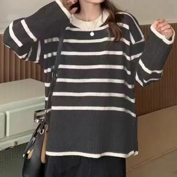 HELIAR Women Striped Loose Warm Sweater O-Neck Long Sleeve Knitted Pullovers Casual Sweater For Women 2024 Autumn Top 8