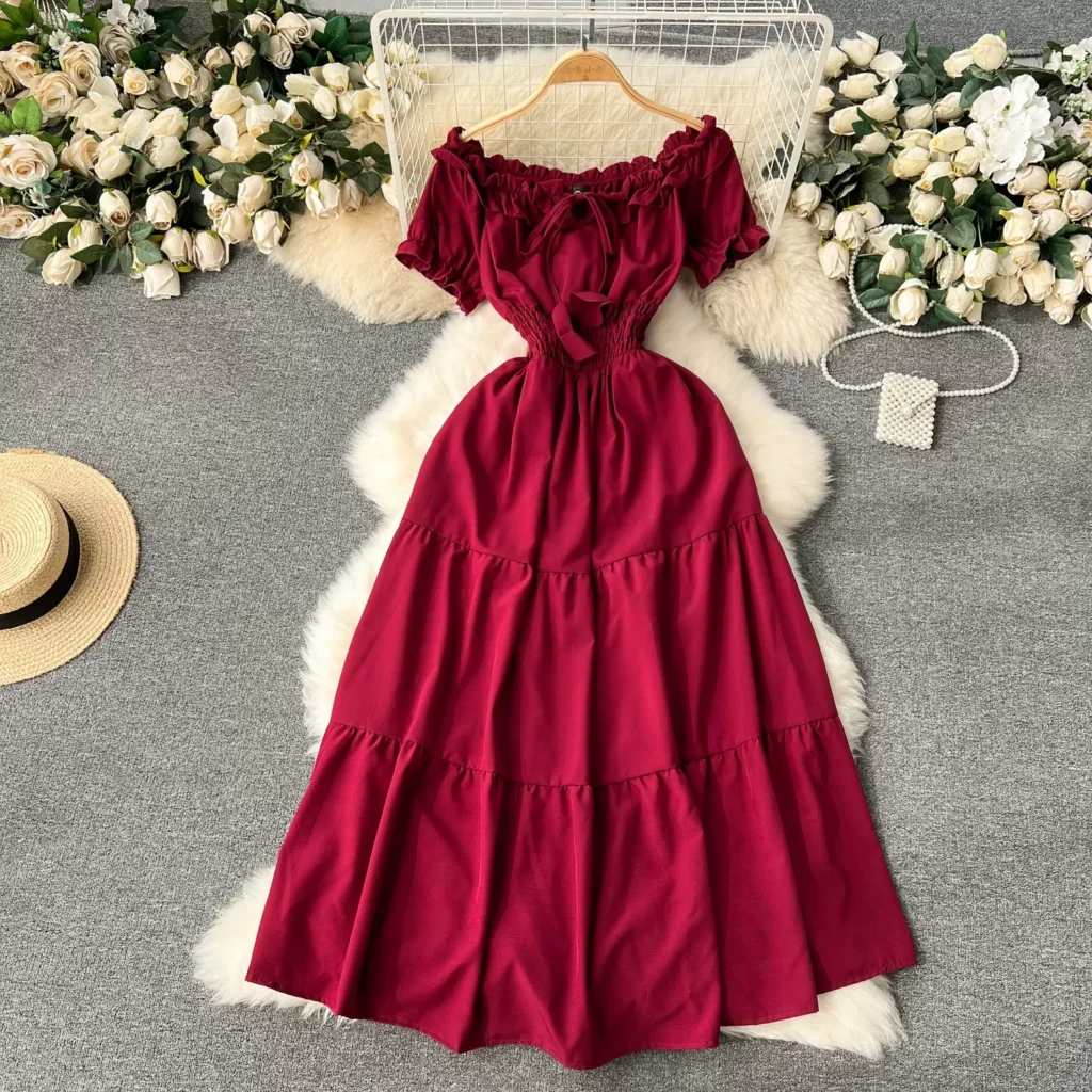 2024 New Summer Vacation Off Shoulders Slim Elastic Waist Long Dress Women Elegant Big Swing Maxi Beach Dress Party Robe Femme 1