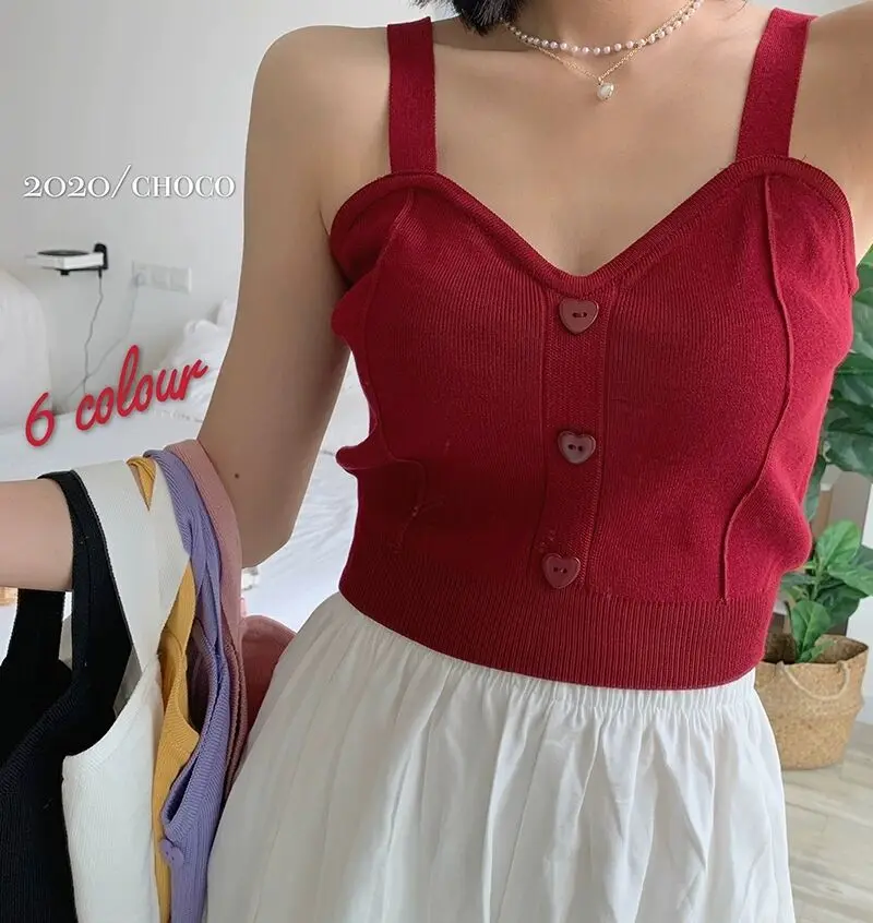 Y2K knitted crop top for women with button-up front, V-neck, sleeveless straps, ribbed texture; trendy summer streetwear for teens and young women