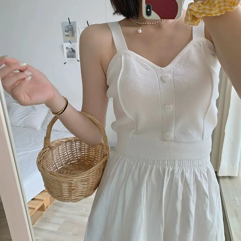 Y2K knitted crop top for women with button-up front, V-neck, sleeveless straps, ribbed texture; trendy summer streetwear for teens and young women