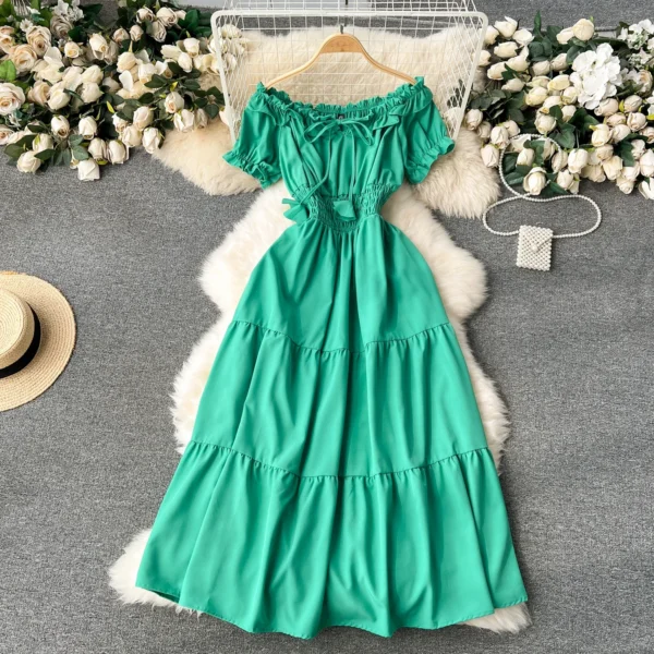 2024 New Summer Vacation Off Shoulders Slim Elastic Waist Long Dress Women Elegant Big Swing Maxi Beach Dress Party Robe Femme 9