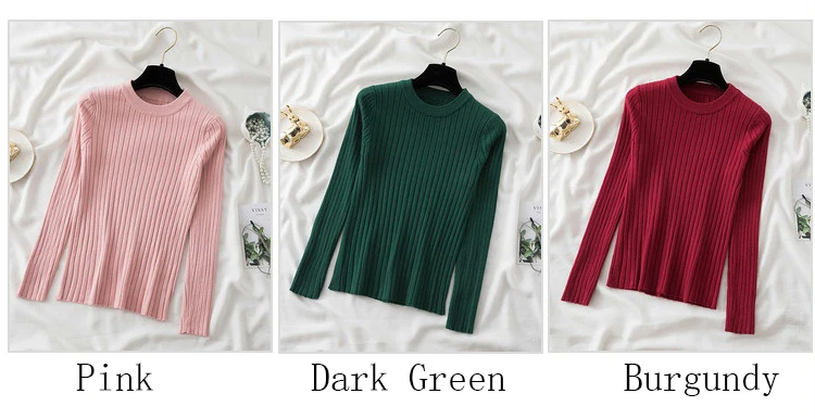 Women’s slim-fit knit sweater in solid color with long sleeves and O-neck, featuring Korean-style design—ideal for autumn and winter casual wear